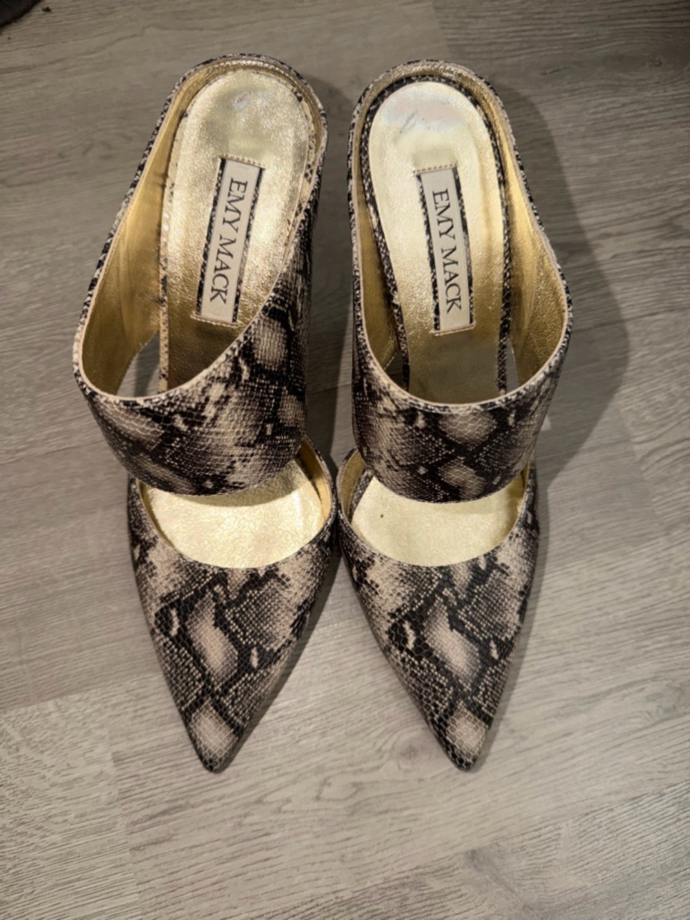 Emy Mack Snake-Print Pointed Toe Heels in Taupe & Black